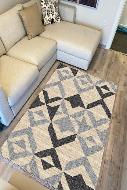Cotton Kilim 37 Doğal Jut Renklı Giometrik Modern Desenli Dekoratif Yıkanabilen Dokuma Taban Kilim