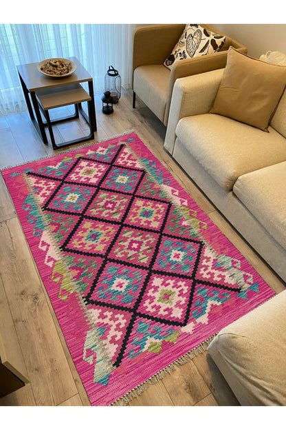 Cotton Kilim 61 Füşya Geleneksel Motifler Modern Dekoratif Saçaklı Yıkanabilen Dokuma Kilim