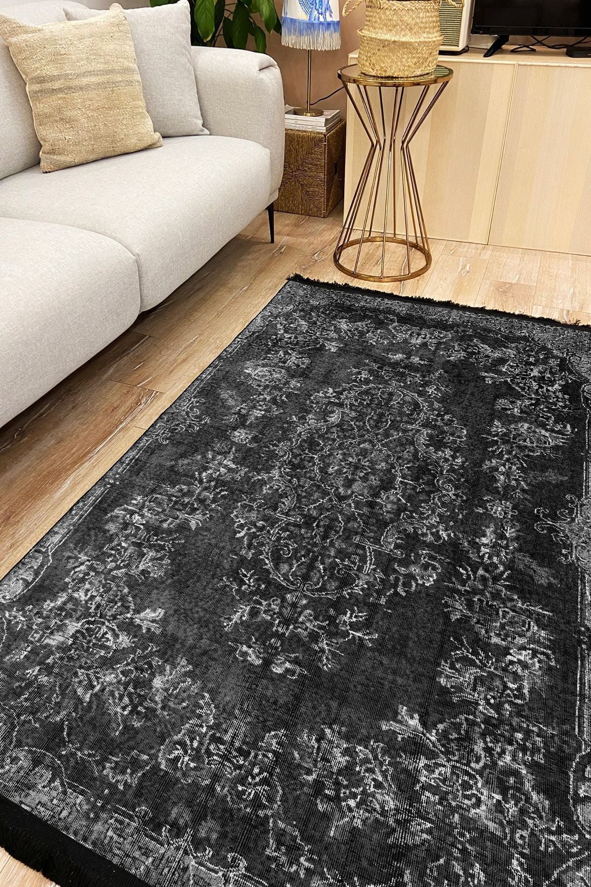 Halı Vagonu 2002 Gri Tonlarında Geometrik Desen Kaymaz Taban Dekoratif Halı