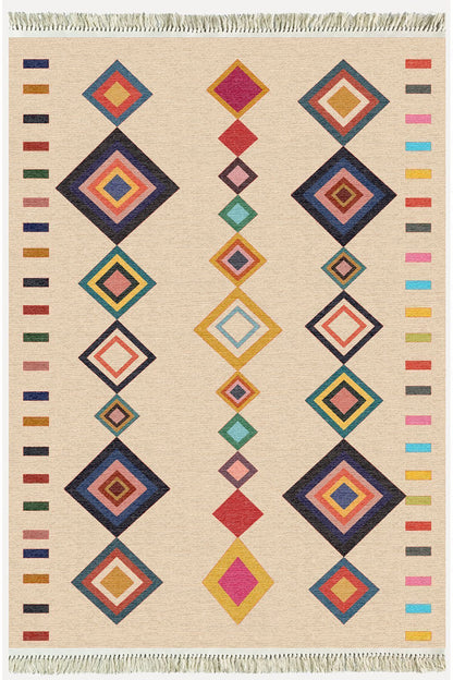 Cotton Serisi Krem Tonunda Bordürlü Desen Dekoratif Dokuma Taban Kilim