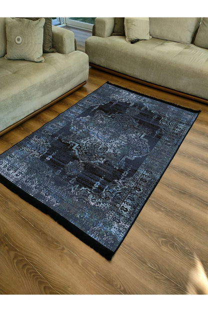 Halı Vagonu Serisi Lacivert Eskitme Antika Desen Kaymaz Taban Şönil Halı