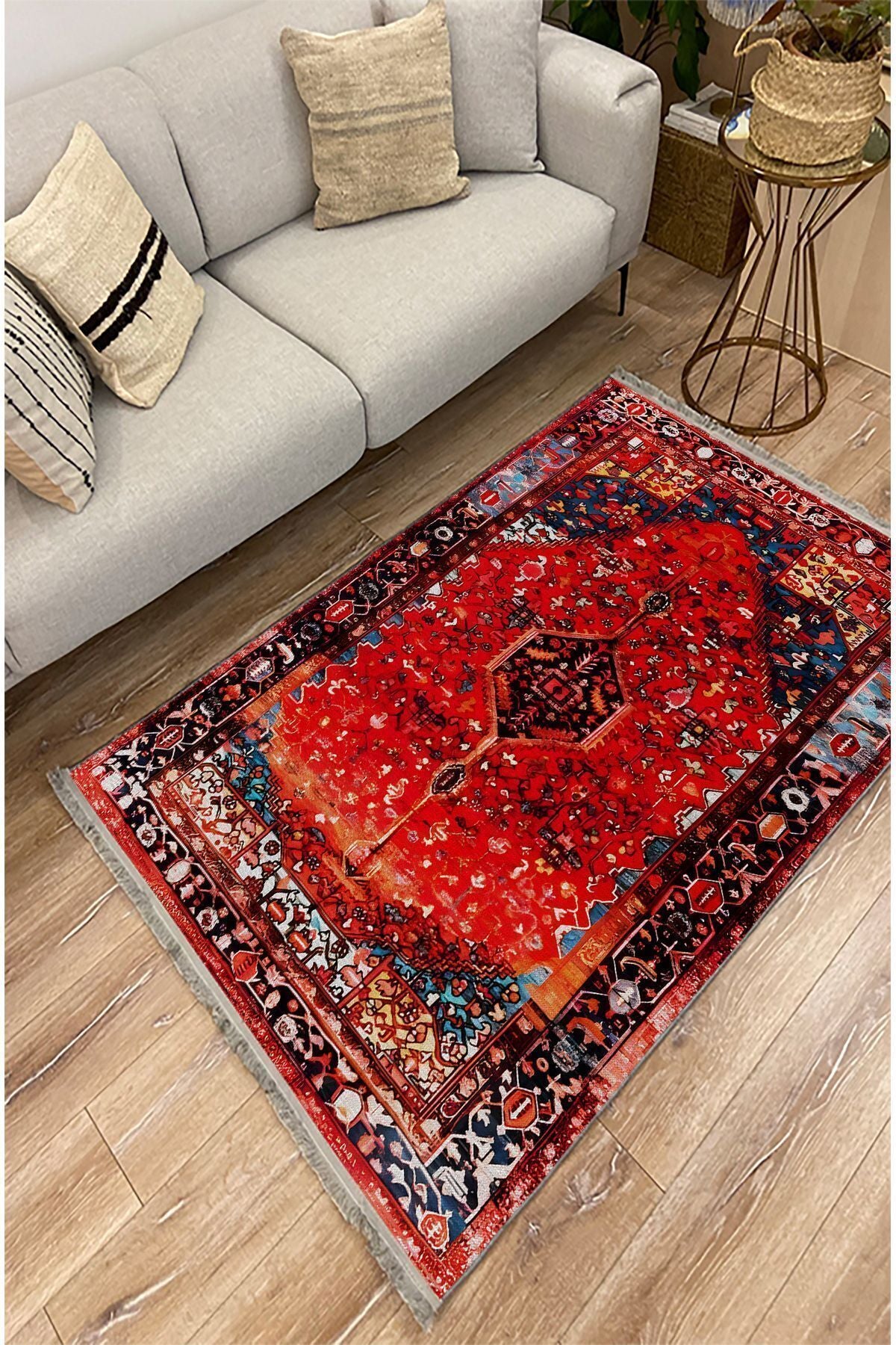 Halı Vagonu Halı95 Kırmızı Tonlarında Klasık Dekoratif Halı Salon Halısı Saçaklı Yıkanabilen Halı