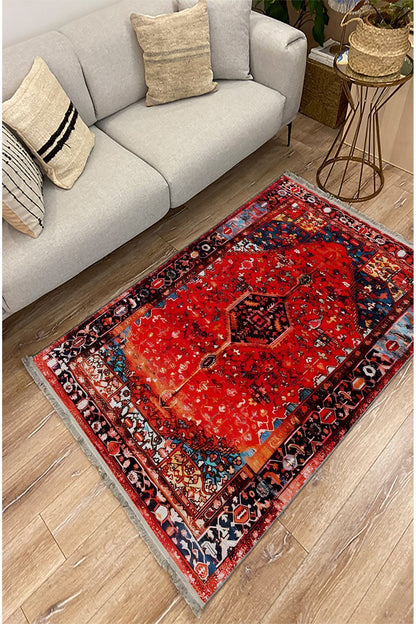 Halı Vagonu Halı95 Kırmızı Tonlarında Klasık Dekoratif Halı Salon Halısı Saçaklı Yıkanabilen Halı