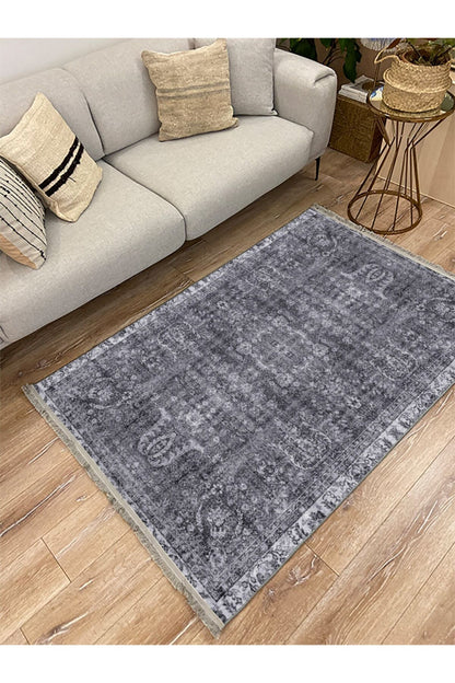 Halı Vagonu 2025 Gri Tonunda Bordürlü Klasik Desen Kaymaz Taban Dekoratif Halı