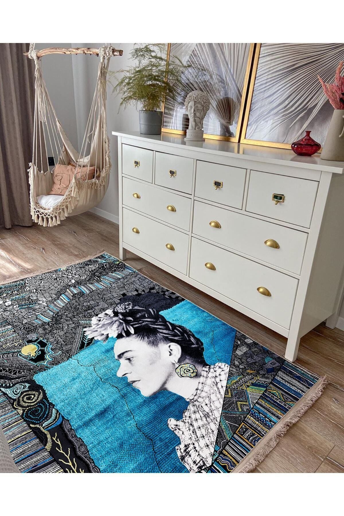 Halı Vagonu Serisi Gri Mavi Etnik Geometrik Desen Kaymaz Taban Şönil Halı