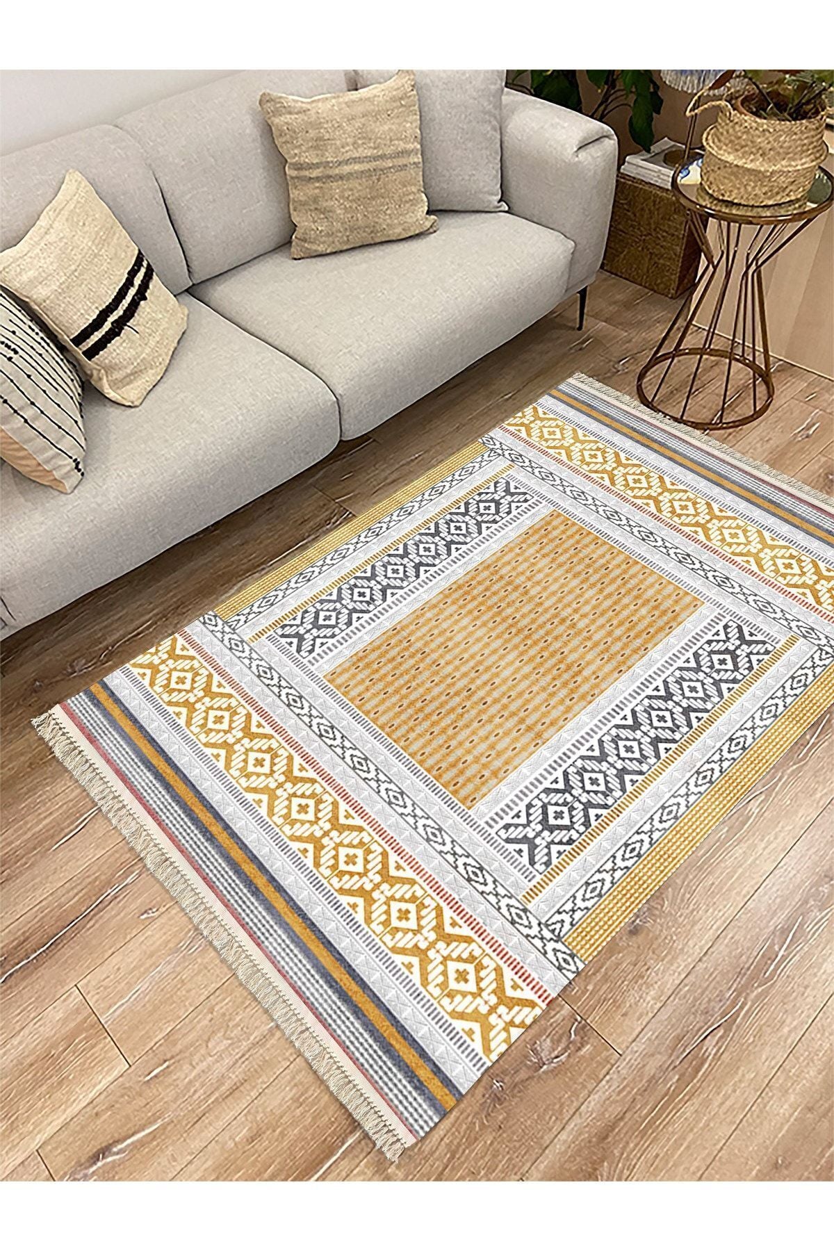 Cotton Serisi Sarı Yunan Motifli Eskitme Antik Otantik Desen Dekoratif Dokuma Taban Kilim