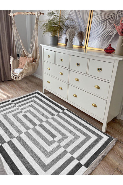 Halı Vagonus 2190 Gri Geometrik Yıkanabilir Kaymaz Tabanlı Salon Halısı, Koridor Ve Mutfak Halısı