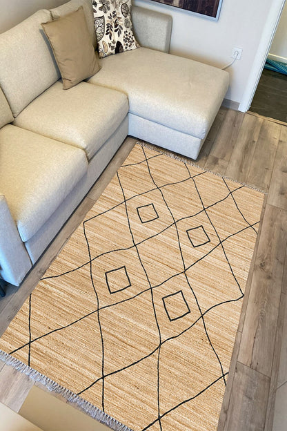 Cotton Serisi Hasır Görümülü Siyah Baklava Eskitme Otantik Desenli Dekoratif Dokuma Taban Kilim