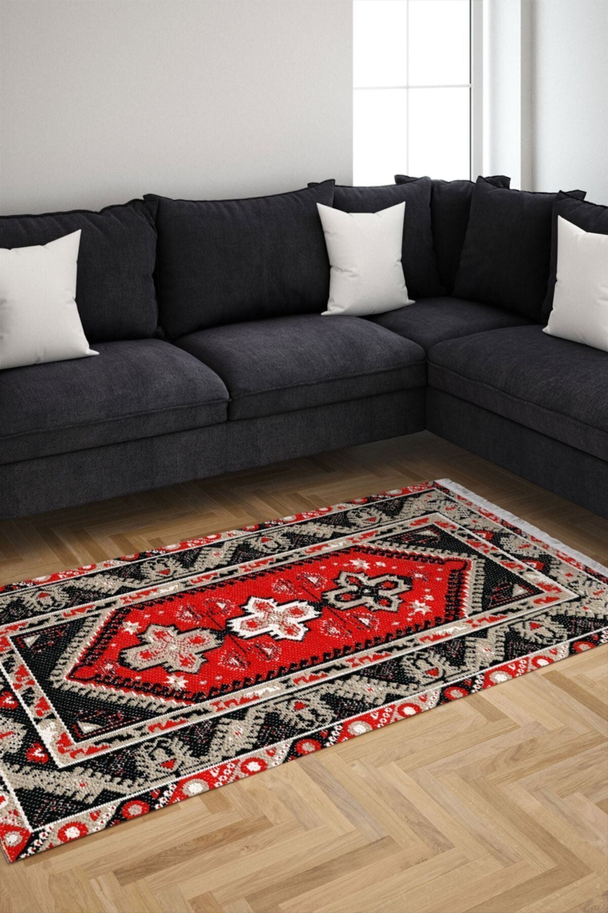 Halı Vagonu Serisi Siyah Tonlarında Bordürlü Desen Kaymaz Taban Şönil Halı