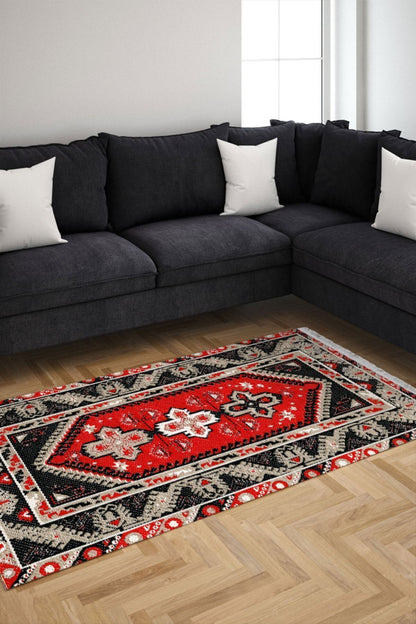 Halı Vagonu Serisi Siyah Tonlarında Bordürlü Desen Kaymaz Taban Şönil Halı