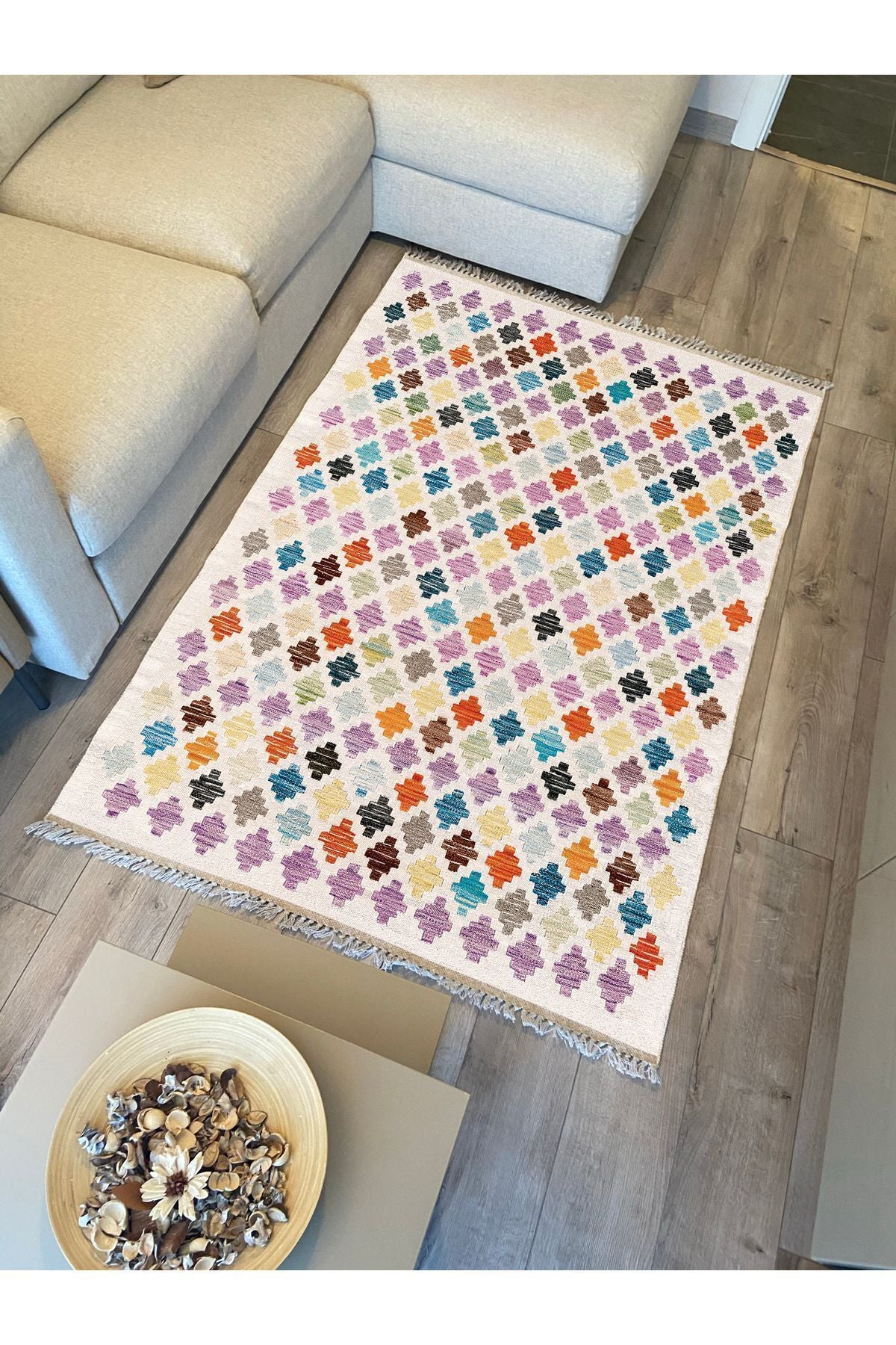 Cotton Kilim 43 Krem Üzerine Geometrik Modern Dekoratif Yıkanabilen Dokuma Kilim