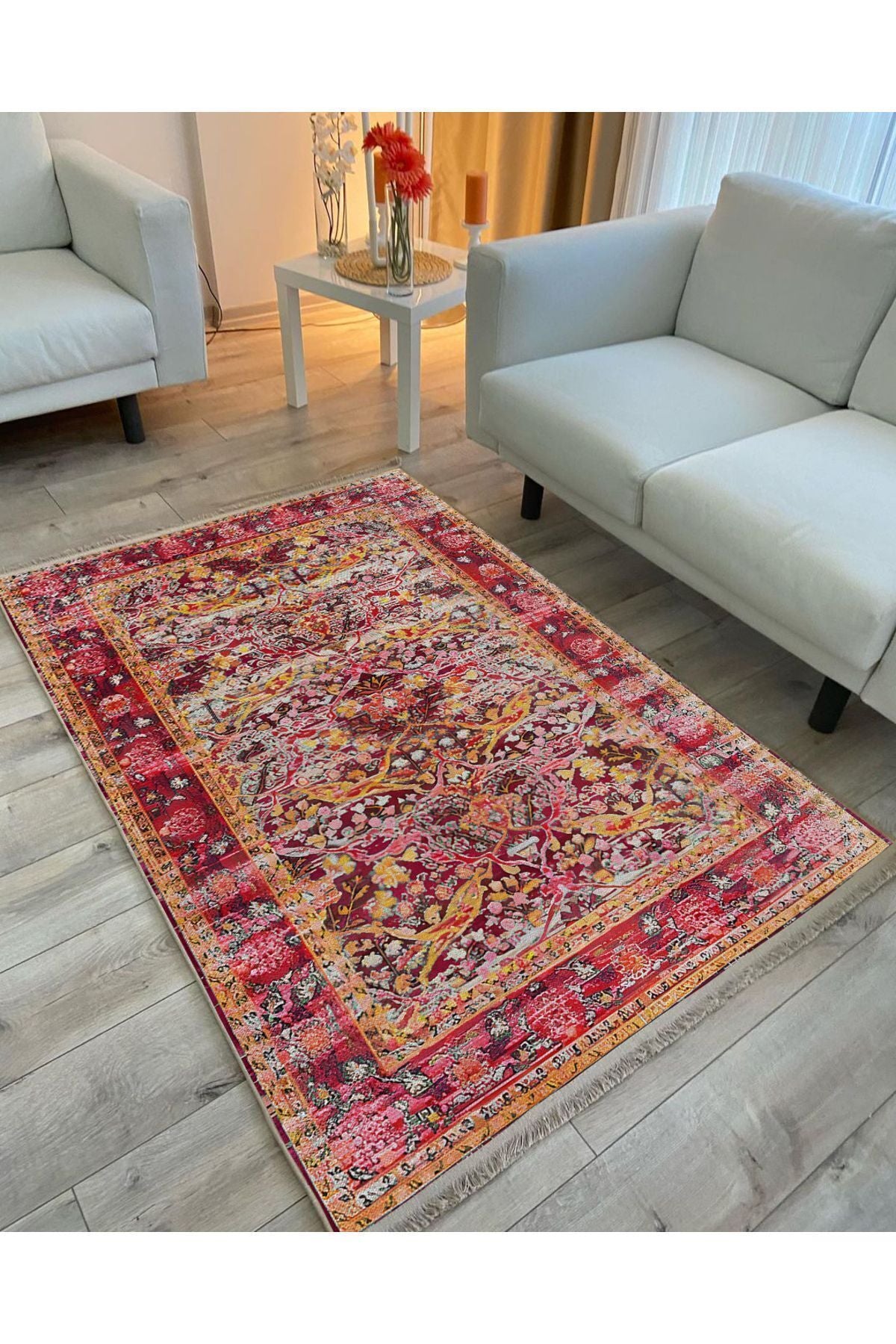 Halı Vagonu 93 Fuşya Tonlarında Klasık Dekoratif Kilim Salon Halısı Saçaklı Yıkanabilen Halı