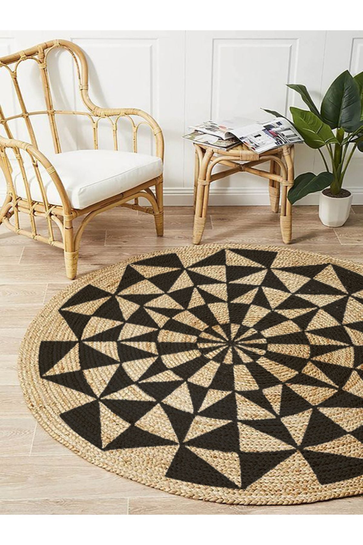 Boho 915 Geometrik Desen Baskılı Örgü Yuvarlak Natural Çift Taraflı Halı
