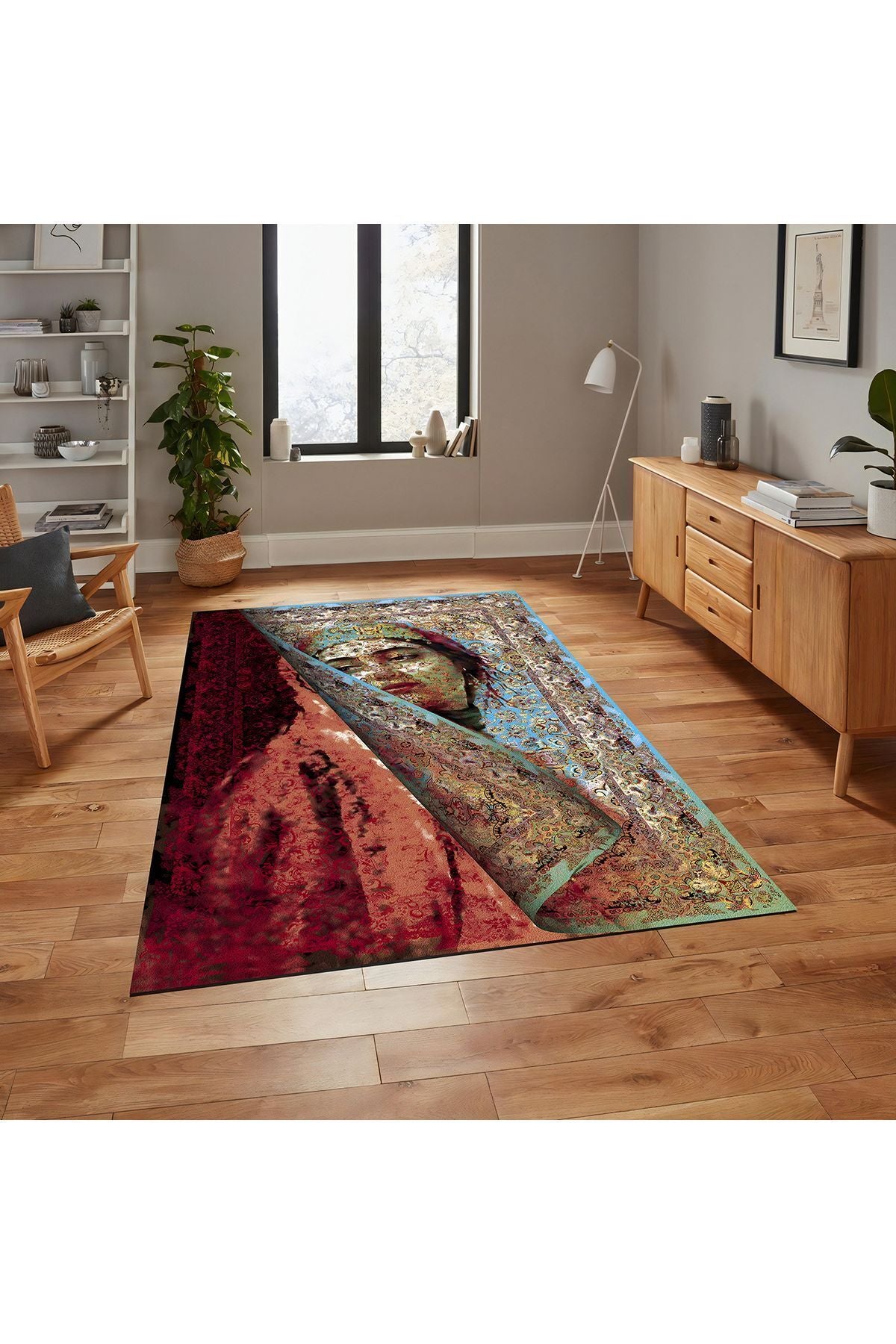 Halı Vagonu 150 Mavi Ve Bordo Tonlarda Kadın Silüeti Etnik Desenli Vintage Dokuma Taban Halı