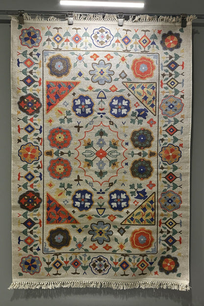 Cotton Etnik Otantik Çini Desenli Çok Renkli Makina Dokuma Kilim 2035