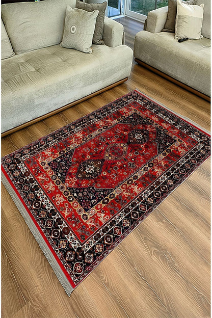 HV Halı 94 Kırmızı Ve Füme Tonlarında Klasık Dekoratif Halı Salon Halısı Saçaklı Yıkanabilen Halı