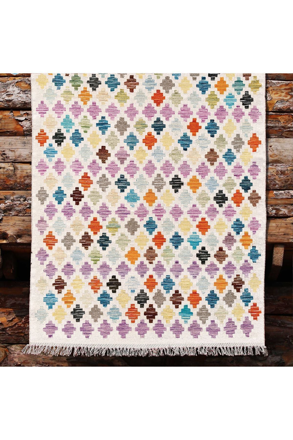 Cotton Kilim 43 Krem Üzerine Geometrik Modern Dekoratif Yıkanabilen Dokuma Kilim