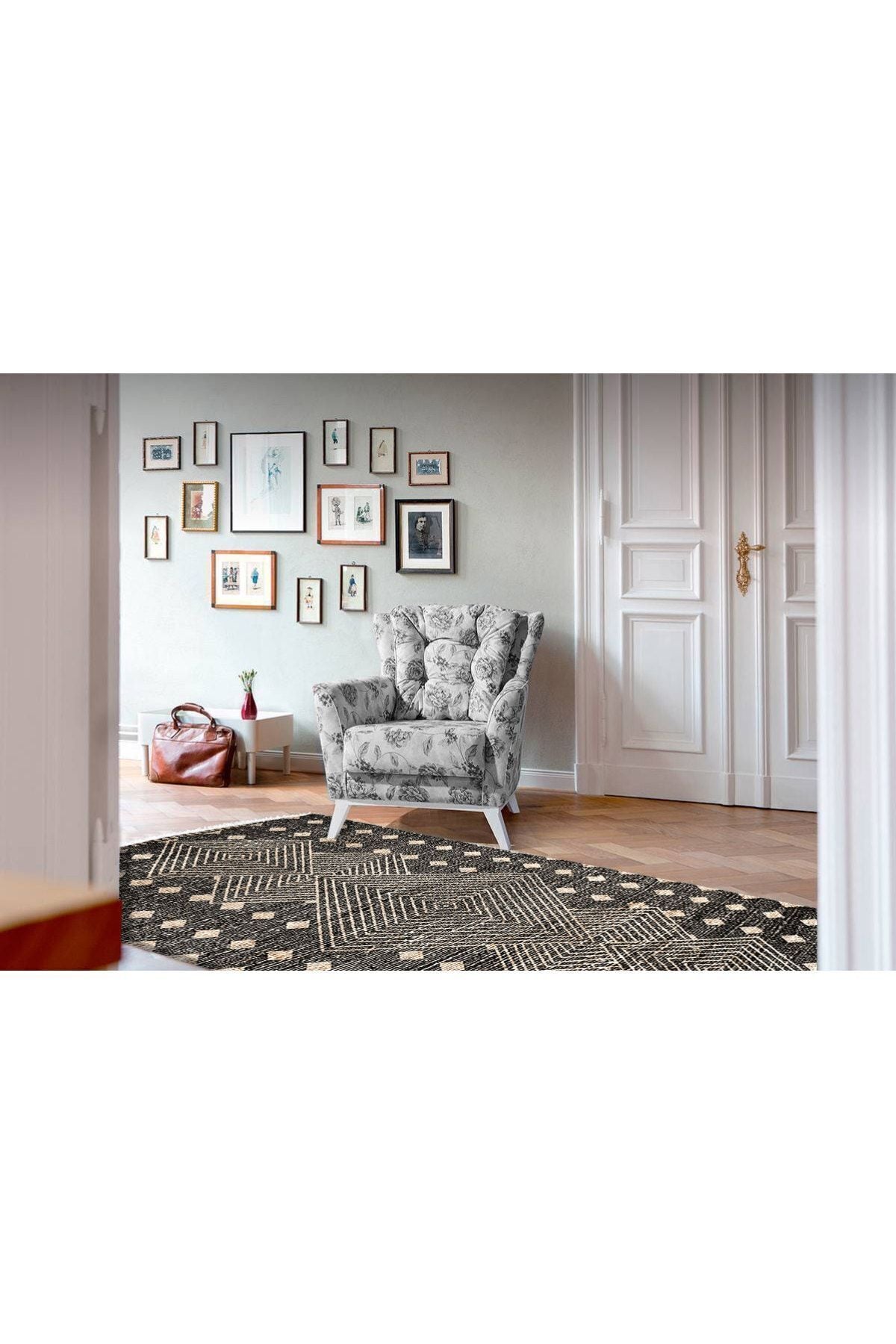 Cotton Serisi Hasır Görünümlü Iç Içe Kareler Eskitme Etnik Desen Dekoratif Dokuma Taban Kilim