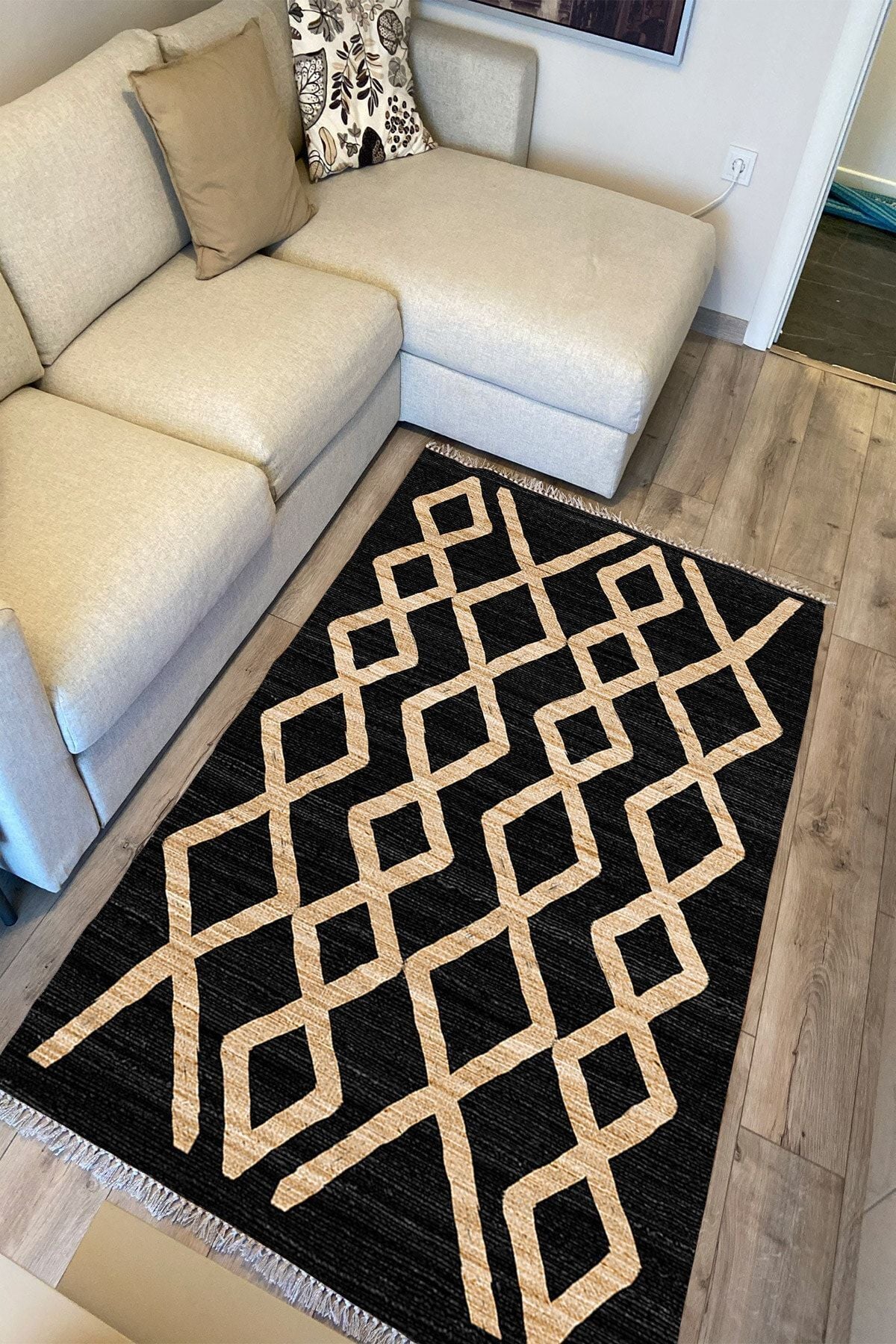 Cotton Serisi Siyah Ve Hasır Görünümlü Otantik Etnik Desenli Dekoratif Dokuma Taban Kilim