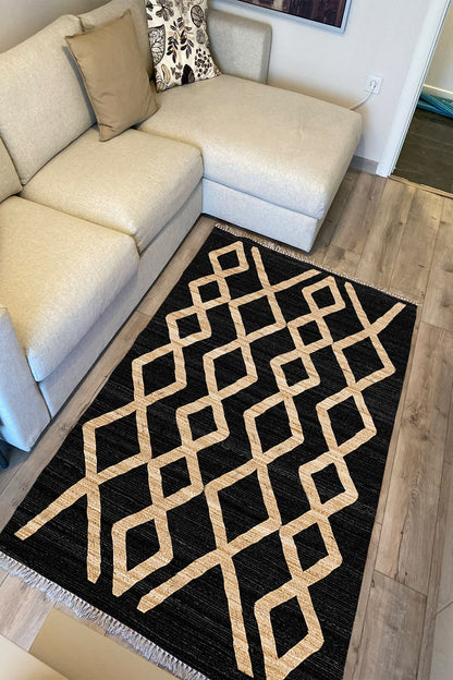 Cotton Serisi Siyah Ve Hasır Görünümlü Otantik Etnik Desenli Dekoratif Dokuma Taban Kilim