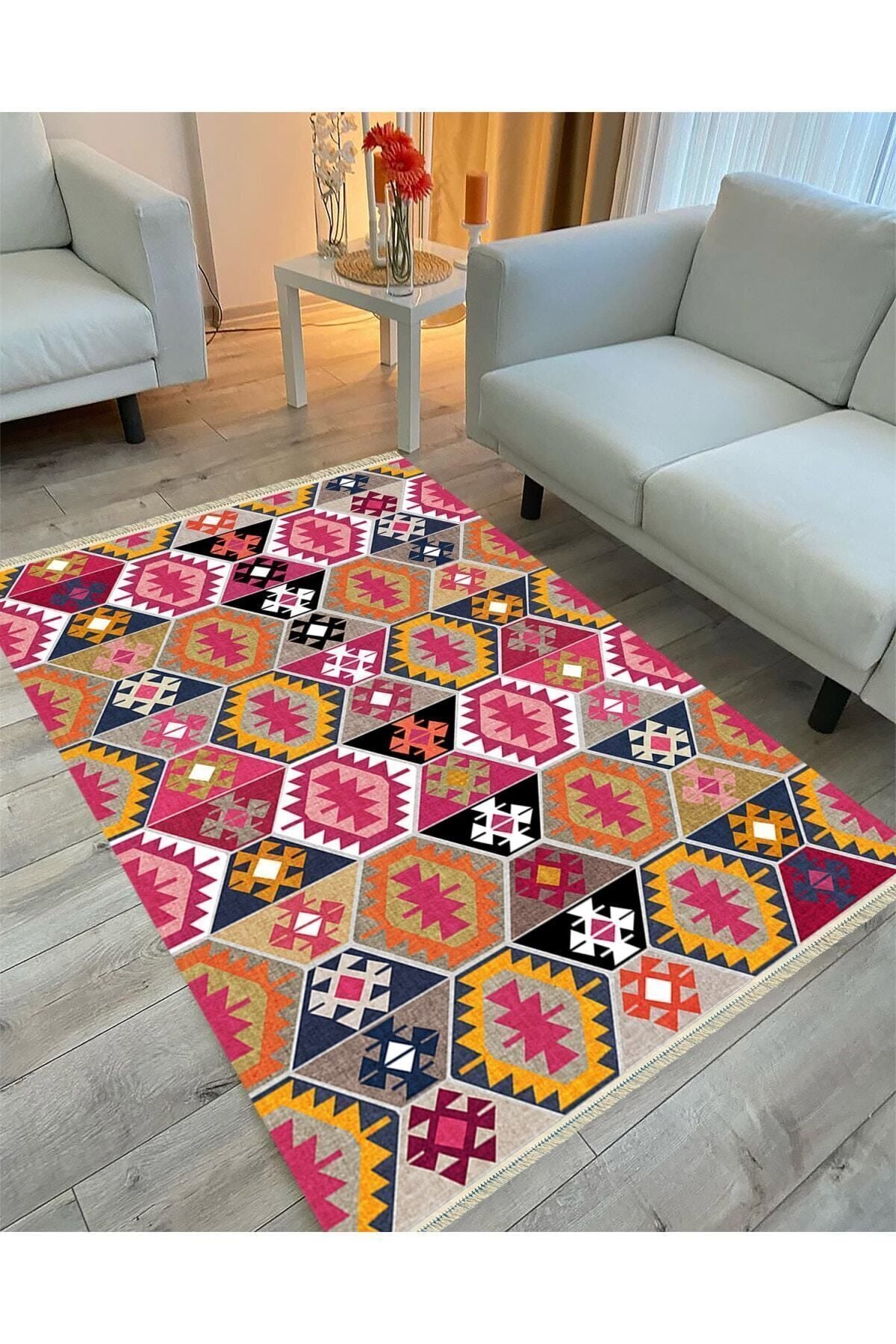 Cotton Serisi Pembe Ve Kahverengi Tonlarında Geometrik Desen Dekoratif Dokuma Taban Kilim