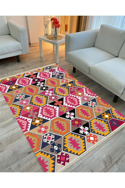 Cotton Serisi Pembe Ve Kahverengi Tonlarında Geometrik Desen Dekoratif Dokuma Taban Kilim