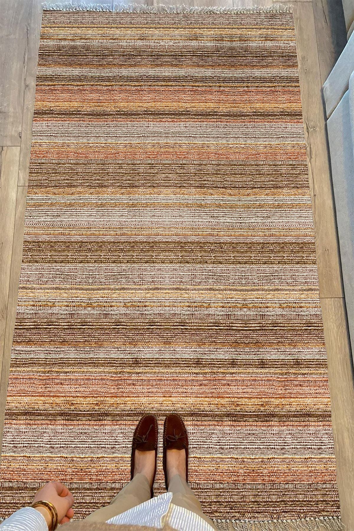 Cotton Serisi Koyu Kahve Tonlarında Mermer Görünümlü Otantik Dekoratif Dokuma Taban Kilim