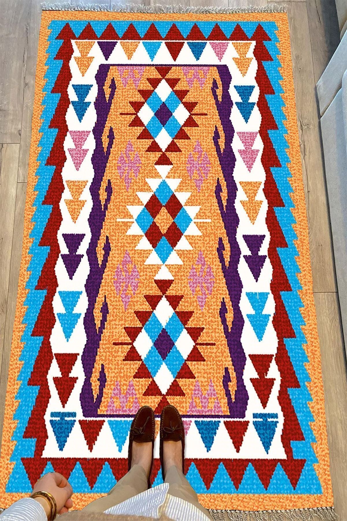 Cotton Serisi Multy Tonlarında Otantik Eskitme Geometrik Desen Dekoratif Dokuma Taban Kilim