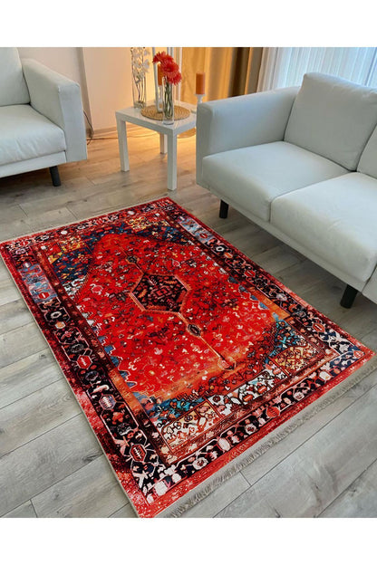 Halı Vagonu Halı95 Kırmızı Tonlarında Klasık Dekoratif Halı Salon Halısı Saçaklı Yıkanabilen Halı