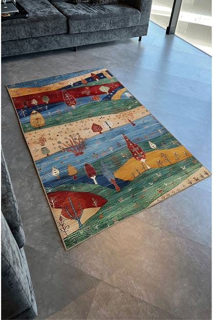 Halı Vagonu 77 Renklı Manzara Temalı Dekoratif Salon Halısı Saçaklı Yıkanabilen Halı