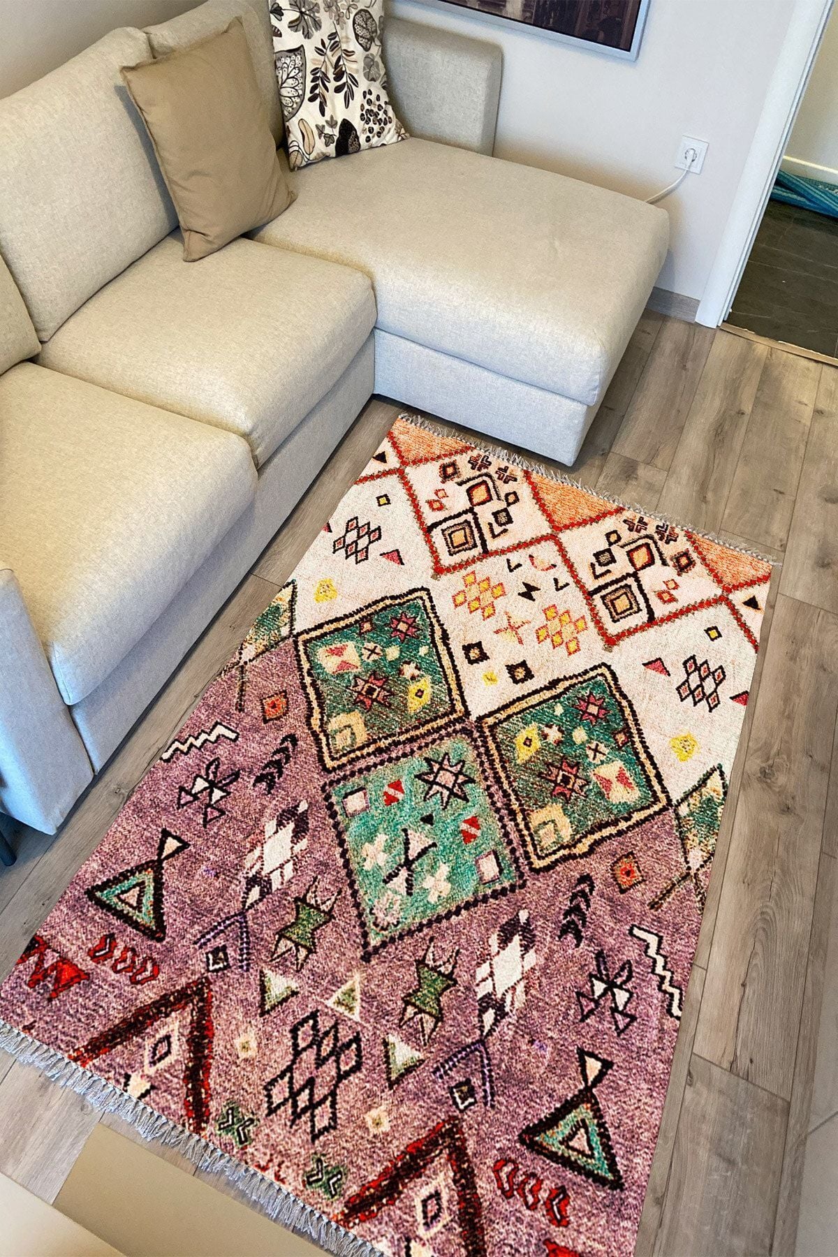 Cotton Serisi Eski Çağ Motifli Baklava Eskitme Otantik Desen Dekoratif Dokuma Taban Kilim