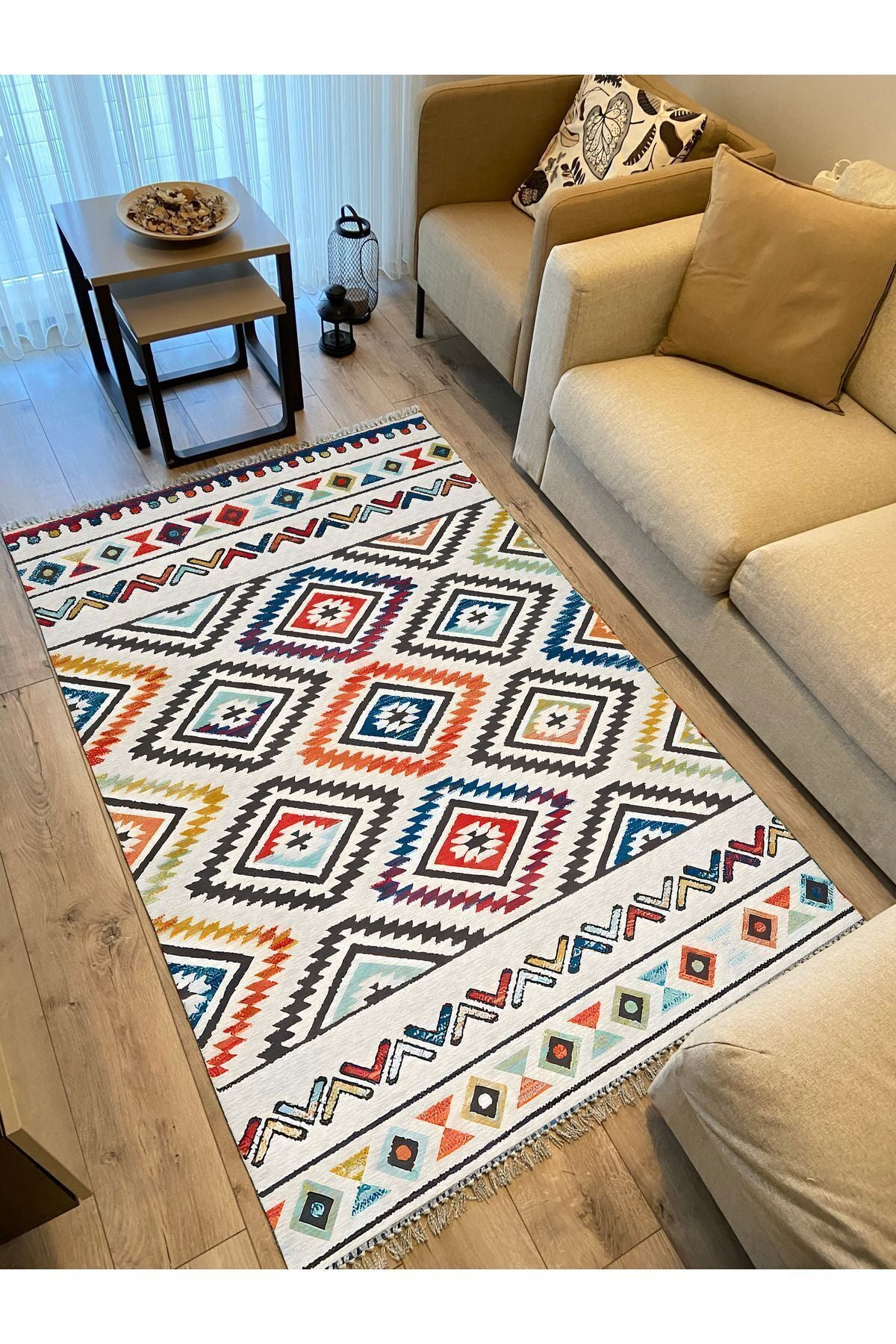 Cotton Kilim 19 Krem Zeminli Çizgili Desenli Dekoratif Yıkanabilen Dokuma Taban Kilim