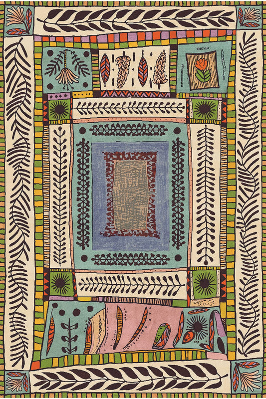 Floral Bej Tonlarında Pastel Botanik Tema Dokuma Taban Salon Halısı Çocuk Halısı  Halı Vagonu 255