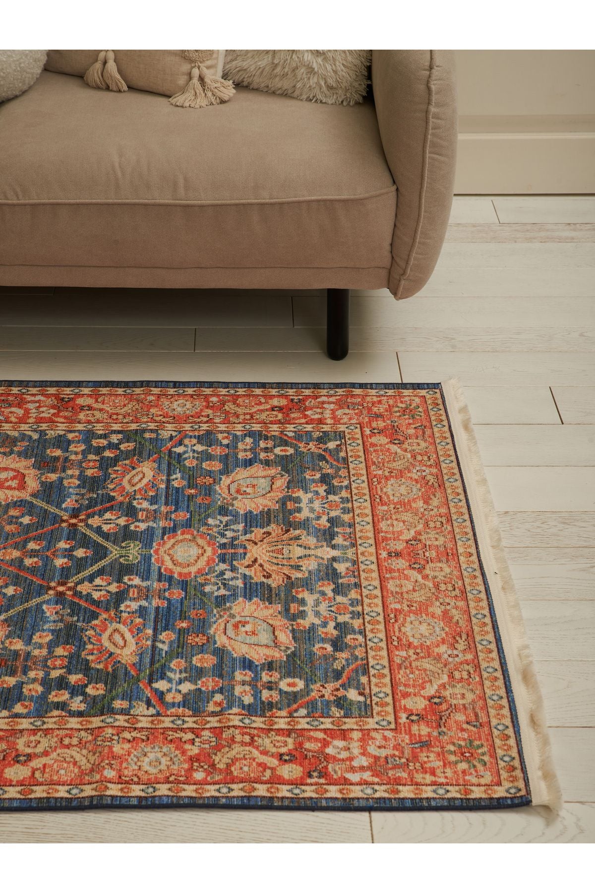 Halı Vagonu 2030 Pastel Lacivert Kiremit Çiçekli Retro Bohem Dokuma Taban Salon Halısı Mutfak Halısı