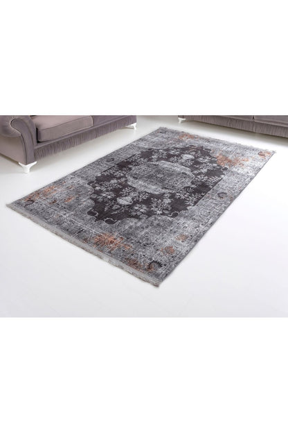 Halı Vagonu 2155 Gri Siyah Hardal Sarı Vintage Desenli Dokuma Taban Halı