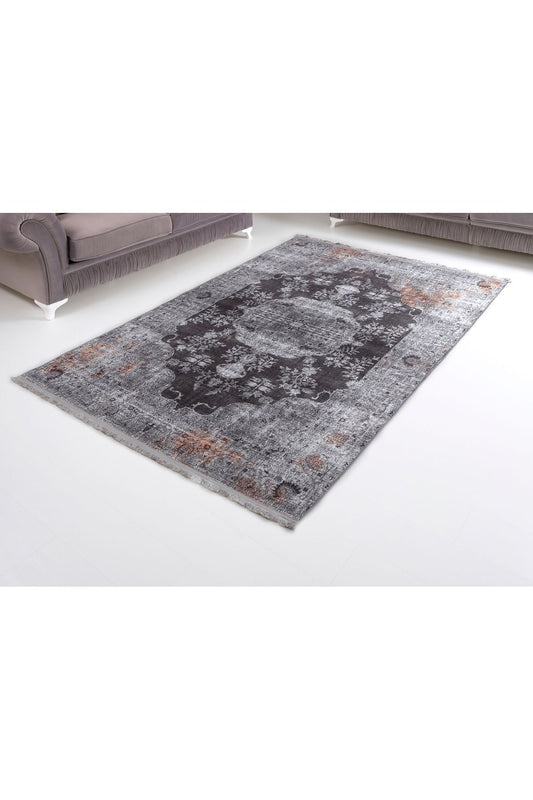 Halı Vagonu 2155 Gri Siyah Hardal Sarı Vintage Desenli Dokuma Taban Halı