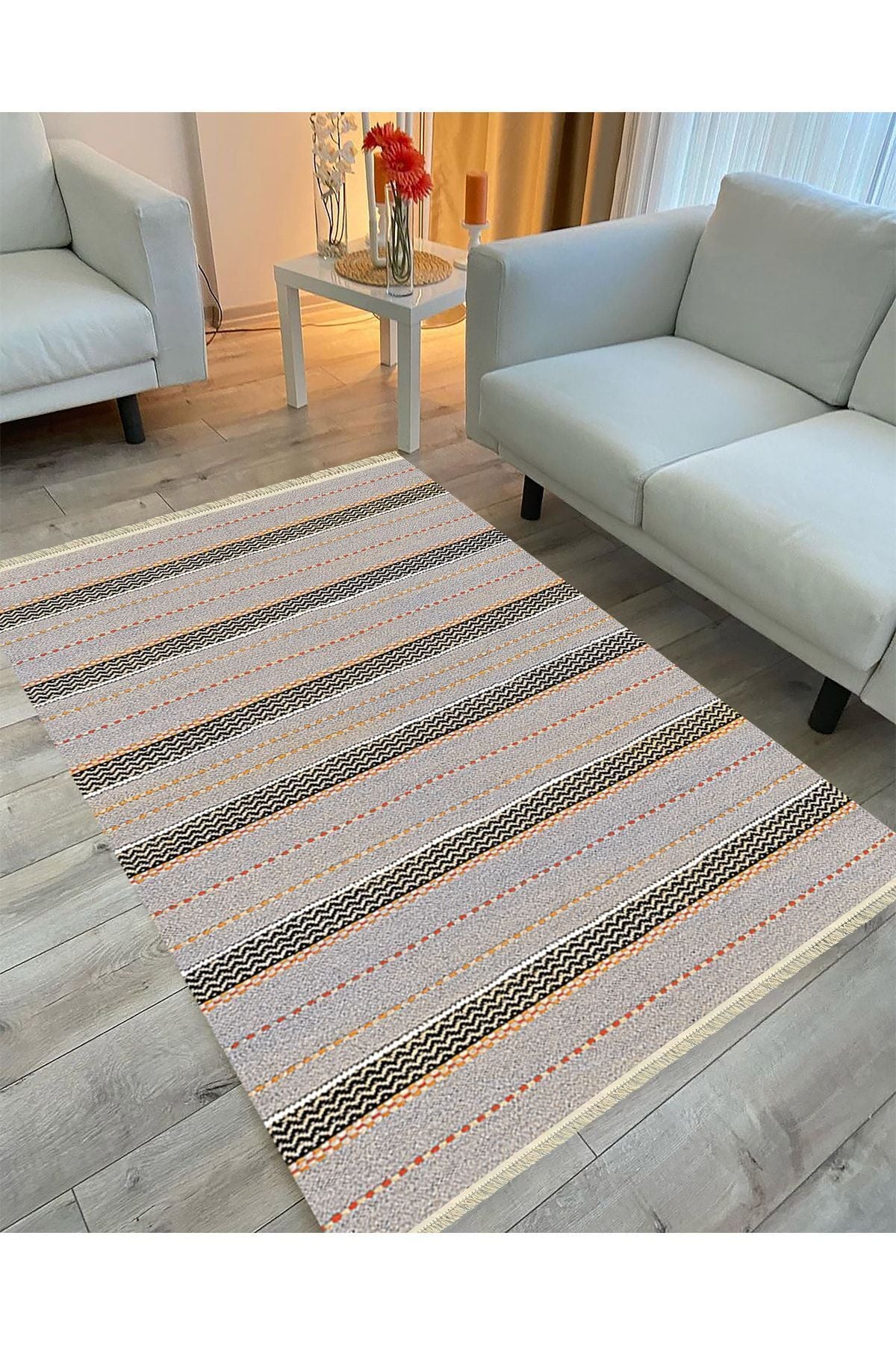 Cotton Serisi Gri Tonlarında Düz Çıtır Çizgili Multy Ponponlu Dekoratif Dokuma Taban Kilim