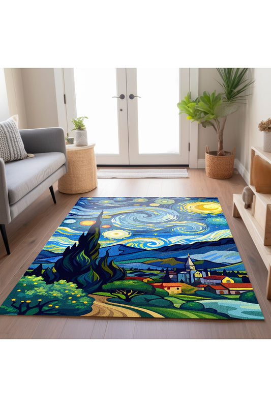 van gogh yıldızlı geceler Pastel Tonlarında Dokuma Taban Salon Halısı Çocuk Halısı  Halı Vagonu 259