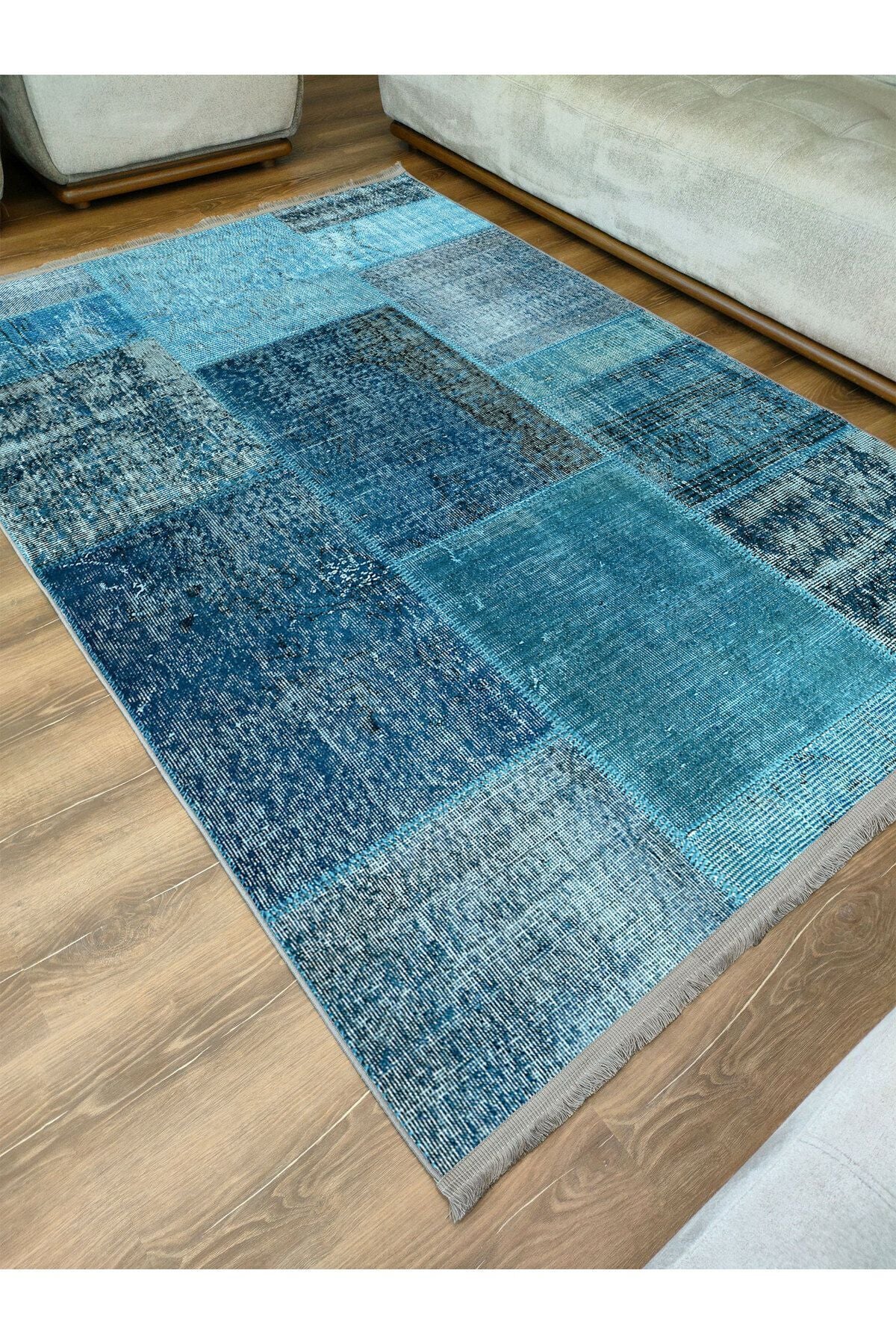 Halı Vagonu Halı 2090 Mavi Tonunda Dekoratif Halı Salon Halısı Saçaklı Yıkanabilen Halı