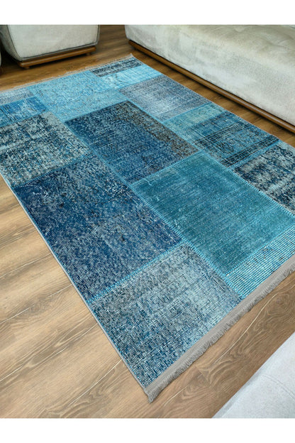 Halı Vagonu Halı 2090 Mavi Tonunda Dekoratif Halı Salon Halısı Saçaklı Yıkanabilen Halı