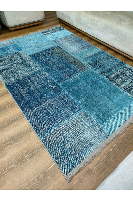 Halı Vagonu Halı 2090 Mavi Tonunda Dekoratif Halı Salon Halısı Saçaklı Yıkanabilen Halı