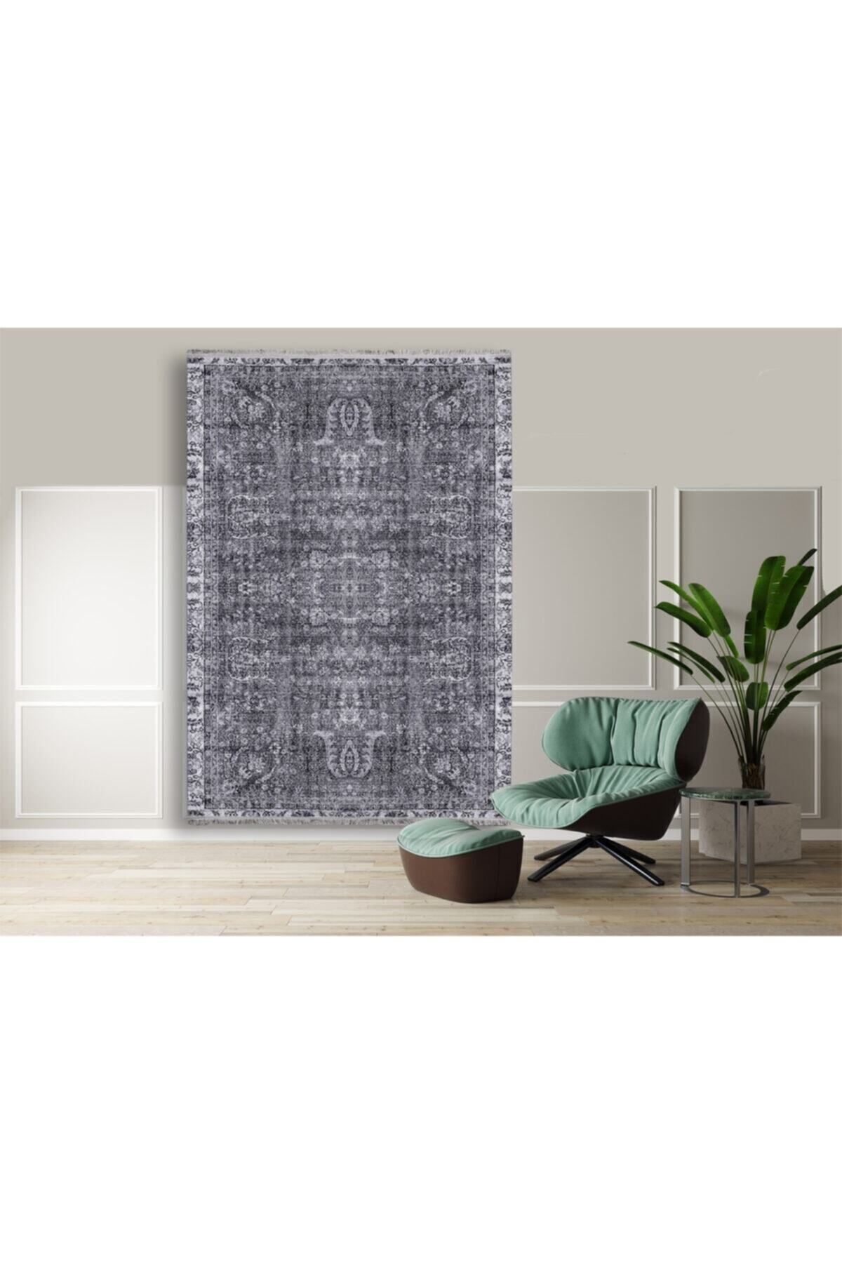 Halı Vagonu 2025 Gri Tonunda Bordürlü Klasik Desen Kaymaz Taban Dekoratif Halı