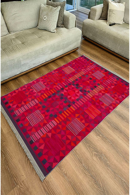 Halı Vagonu 119 Etnik Otantik Kırmızı Tonda Dekoratif Salon Halısı Saçaklı Yıkanabilen Halı
