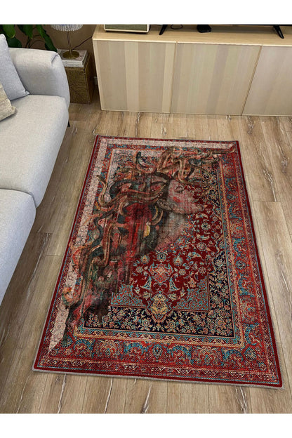 HV 123 Etnik Anadolu Halı Üzerine Kadın Suratı Dekoratif Salon Halısı Saçaklı Yıkanabilen Halı