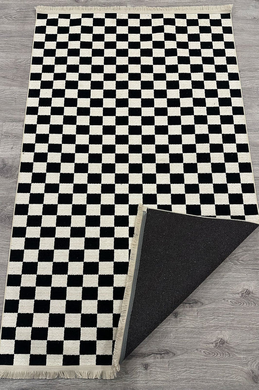 Dama Desenli Krem Siyah Salon Halısı Mutfak Halısı Yolluk Otantik Halı Halı Vagonu 229