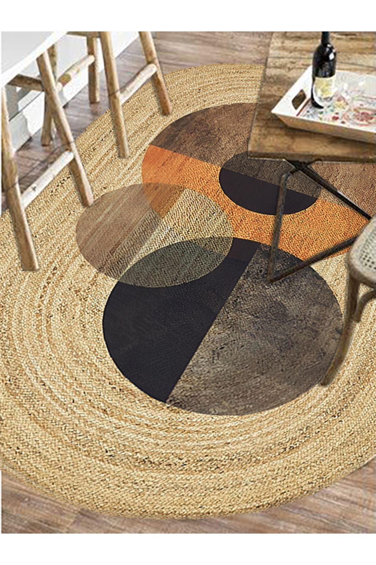 Boho 986 Oval Siyah Etnik Desenli Jüt Rengi Örgü Yuvarlak Natural Çift Taraflı Halı