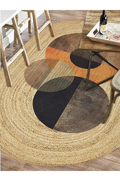 Boho 986 Oval Siyah Etnik Desenli Jüt Rengi Örgü Yuvarlak Natural Çift Taraflı Halı