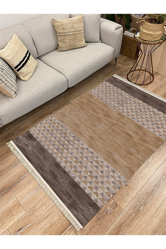 Cotton Serisi Kahve Tonlarında Baklava Eskitme Otantik Desenli Dekoratif Dokuma Taban Kilim