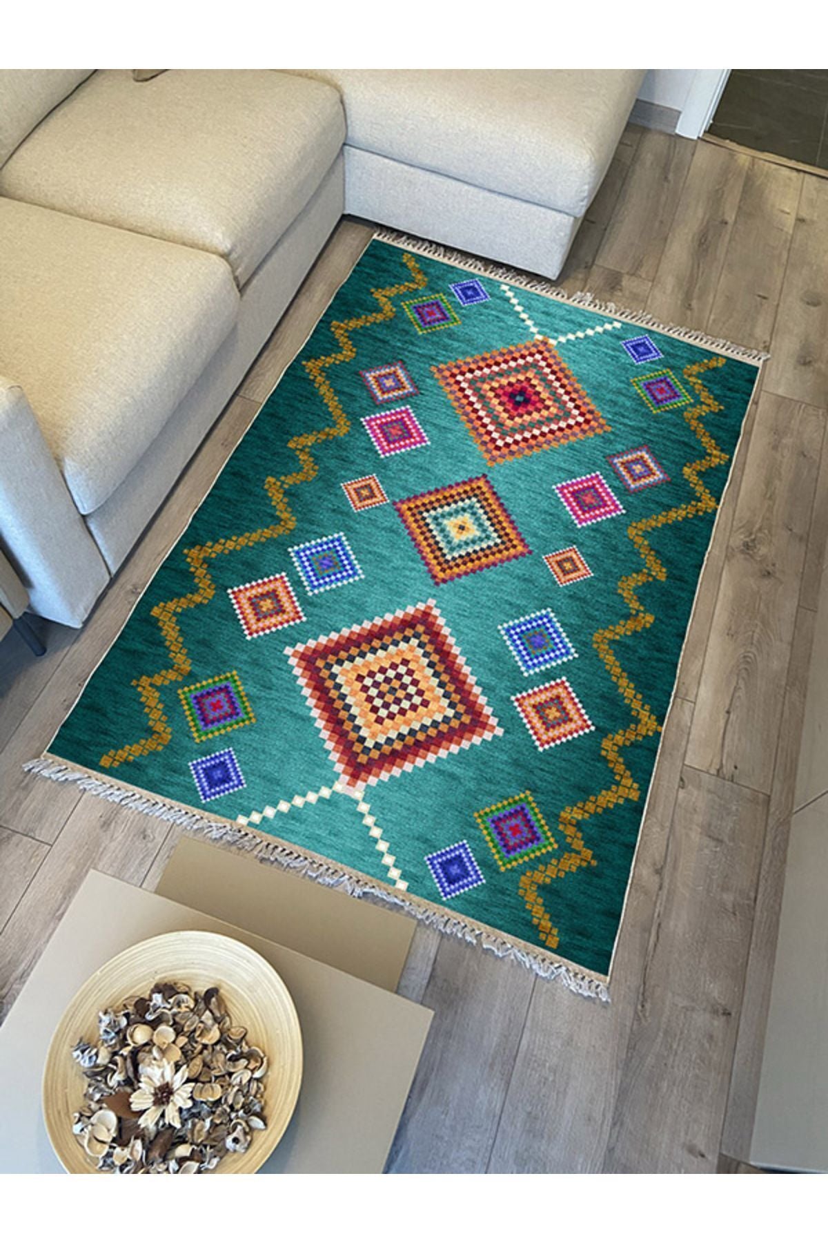 COTTON KİLİM 3669 Yeşil Tonlarında İskandinav Desenli Dekoratif Kilim