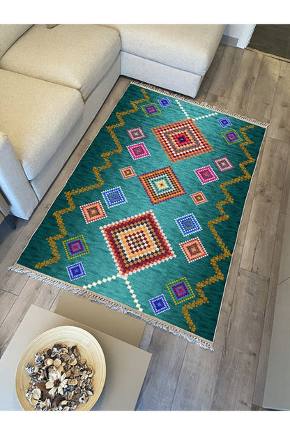 COTTON KİLİM 3669 Yeşil Tonlarında İskandinav Desenli Dekoratif Kilim
